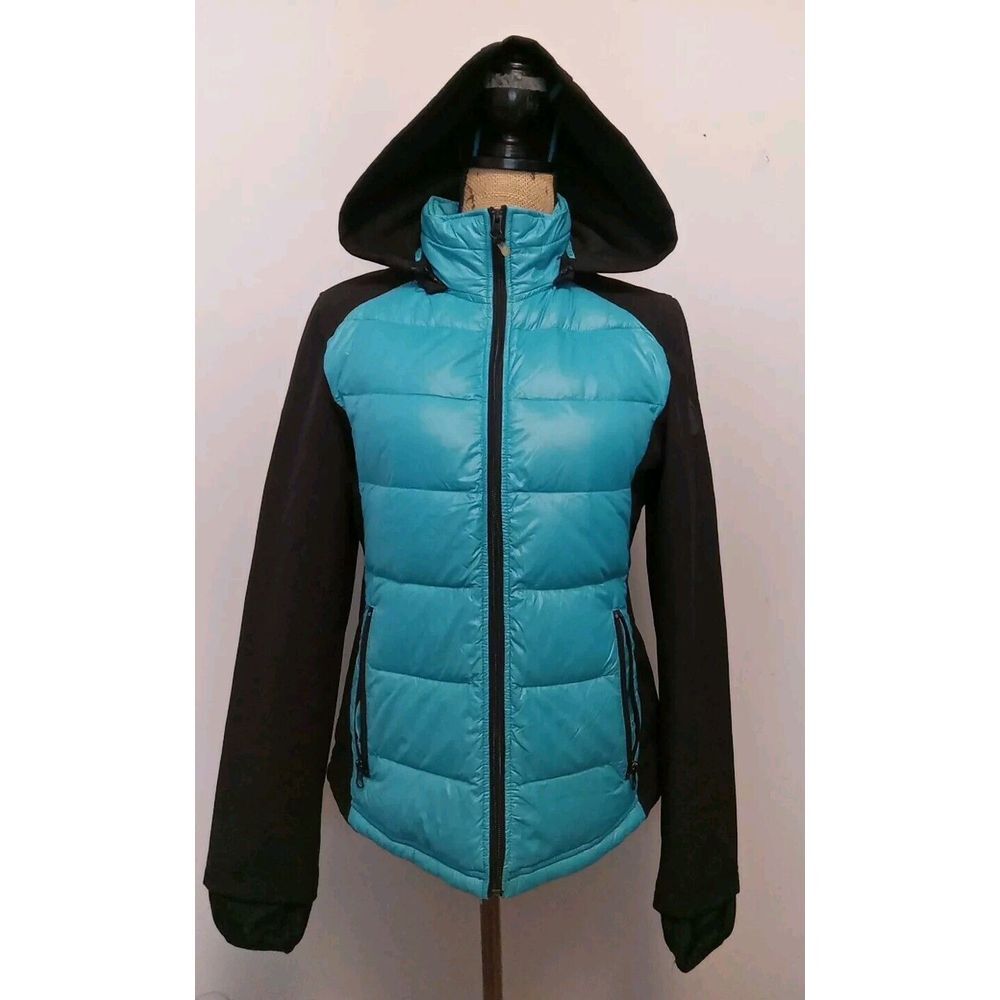 Halifax Traders Women Blue Puff Black Feather Down Blend Hooded Jacket Size M